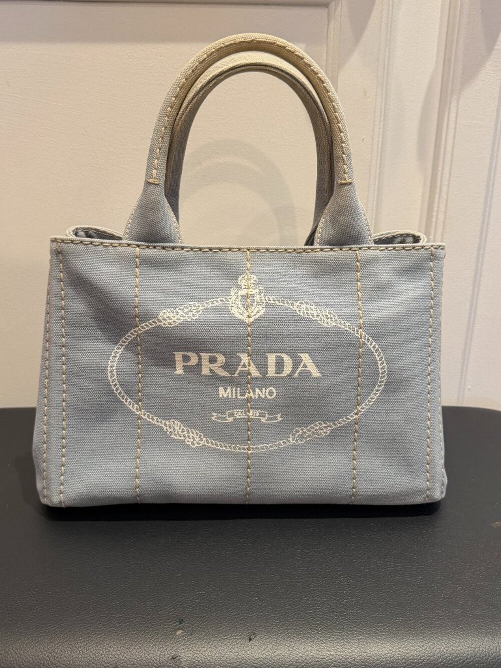 Authentic Prada Blue Denim 2 Way Canapa Tote w/ Strap & Dust Bags